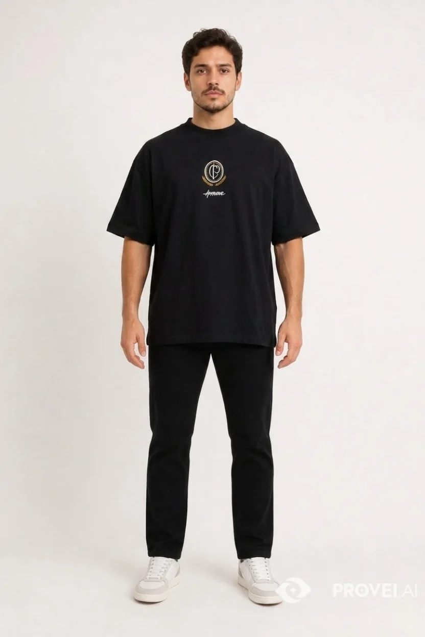 O mesmo modelo vestindo a camiseta preta da Approve, resultado do provador virtual